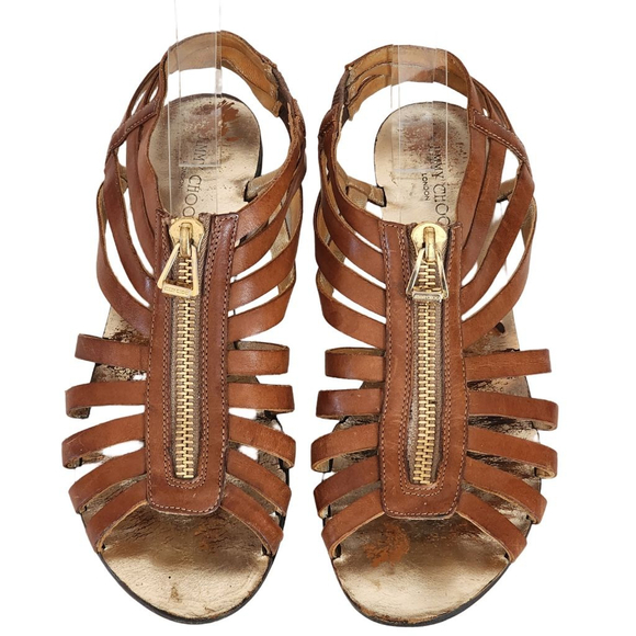 JIMMY CHOO Brown Gold Gladiator Flat Sandals Strappy Size 39 8.5